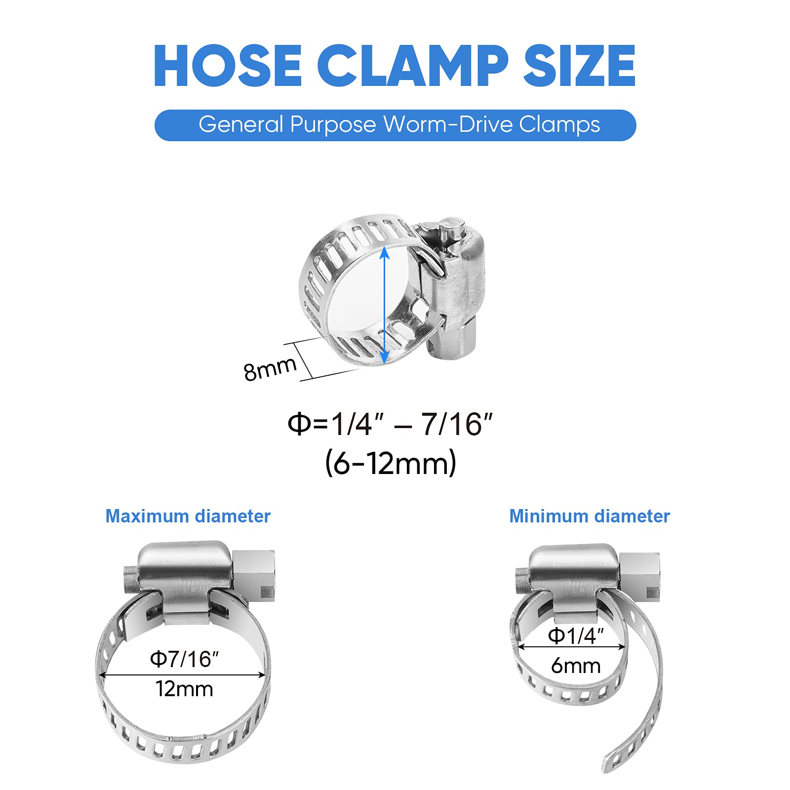 Ticonn 20Pcs Hose Clamp Set - 1/4 ' '-7/16 ' ' 304 Stainless Steel Worm Gear Hose Clamps For Pipe, Intercooler, Plumbing, Tube A