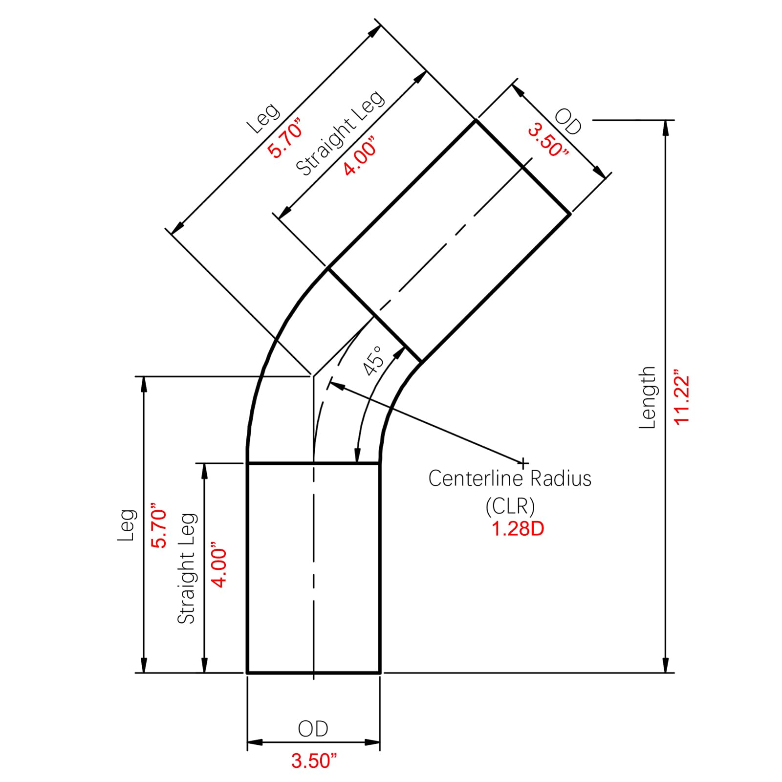 AC PERFORMANCE 3.5'' (89mm) OD 45 Degree Aluminum Elbow Intercooler Pipe Air Intake Tube, 1.28D Radius, Brushed Finish