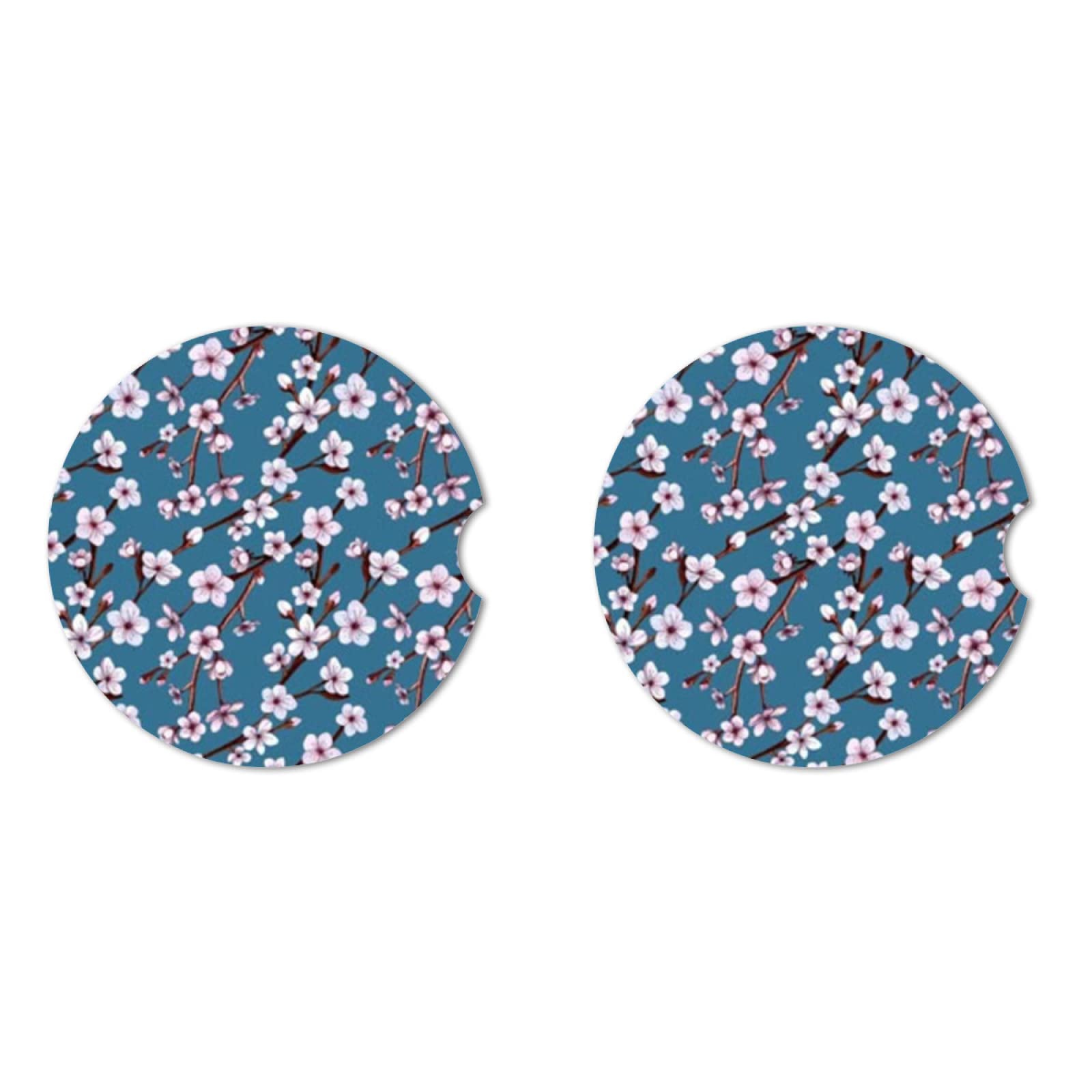 Pink Cherry Blossoms Absorbent Car Cup Coasters,Cup Holders,Cork Base Drink Coasters With Finger Notch For Easy Move Of Car Cup