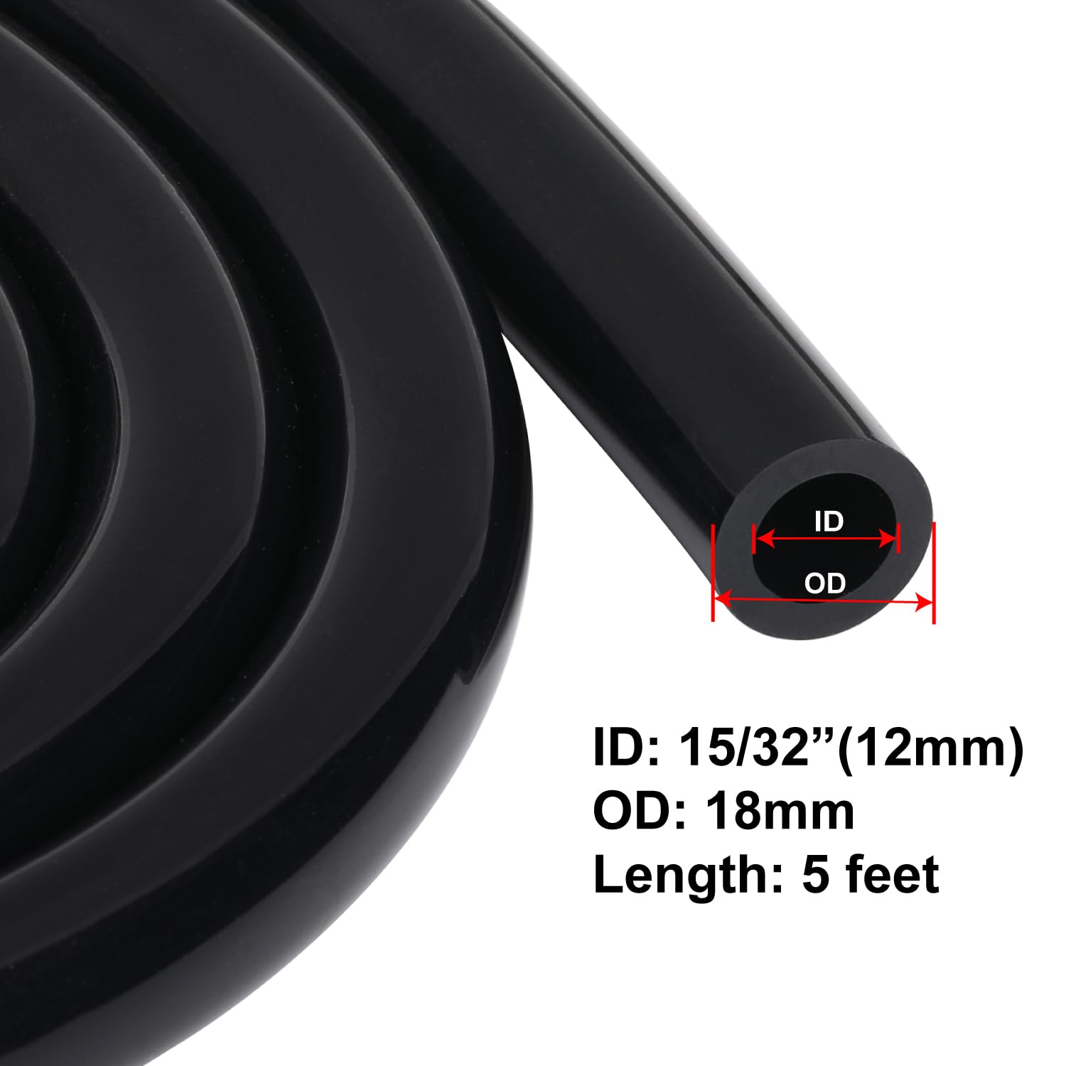 Podavelle 15/32'' 12mm ID Silicone Vacuum Hose Line Tubing 5FT Black 130 PSI Maximum Pressure