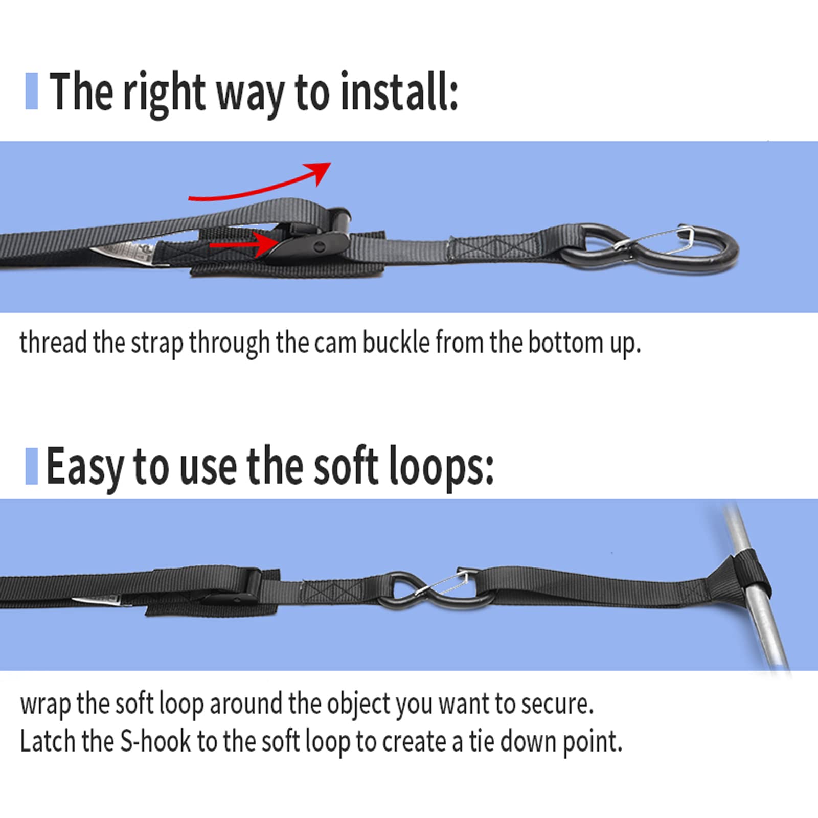 Cam Buckle Tie Down Straps with Hooks and Integrated Soft Loops, Heavy Dudy Lashing Straps for Motorcycle, Boat, Kayak, Truck, T