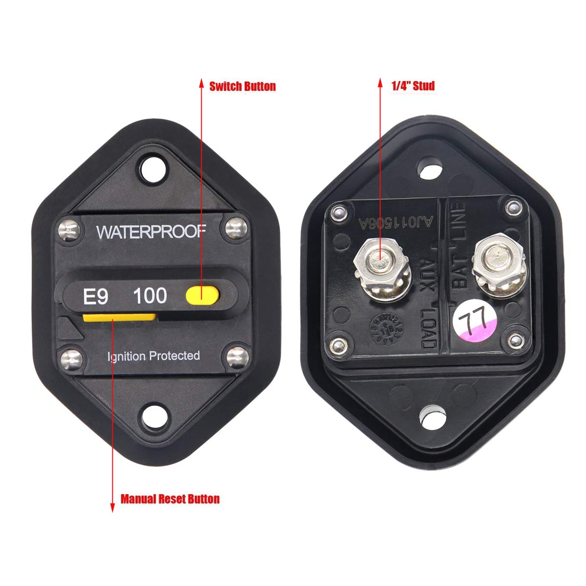 T Tocas Hi-Amp T3 100A Circuit Breaker With Manual Reset Panel Mount, 12V - 48Vdc, Switchable Waterproof