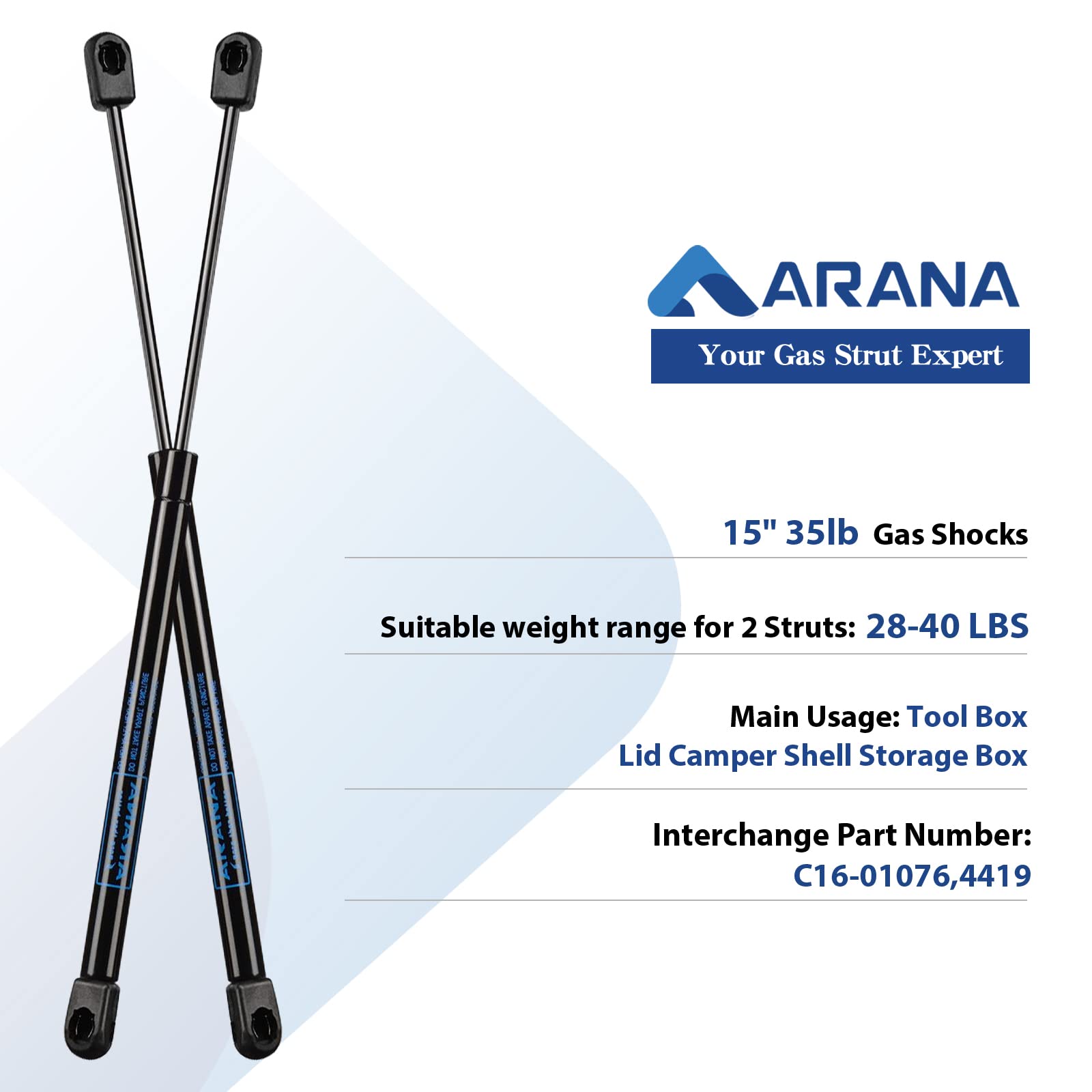 Arana Gas Struts Lift Support 15 Inch 35 Lbs, 4419 Gas Shocks Lift Lid, 15 '' Gas Springs For Boat Hatch Toolbox Snugtop Camper