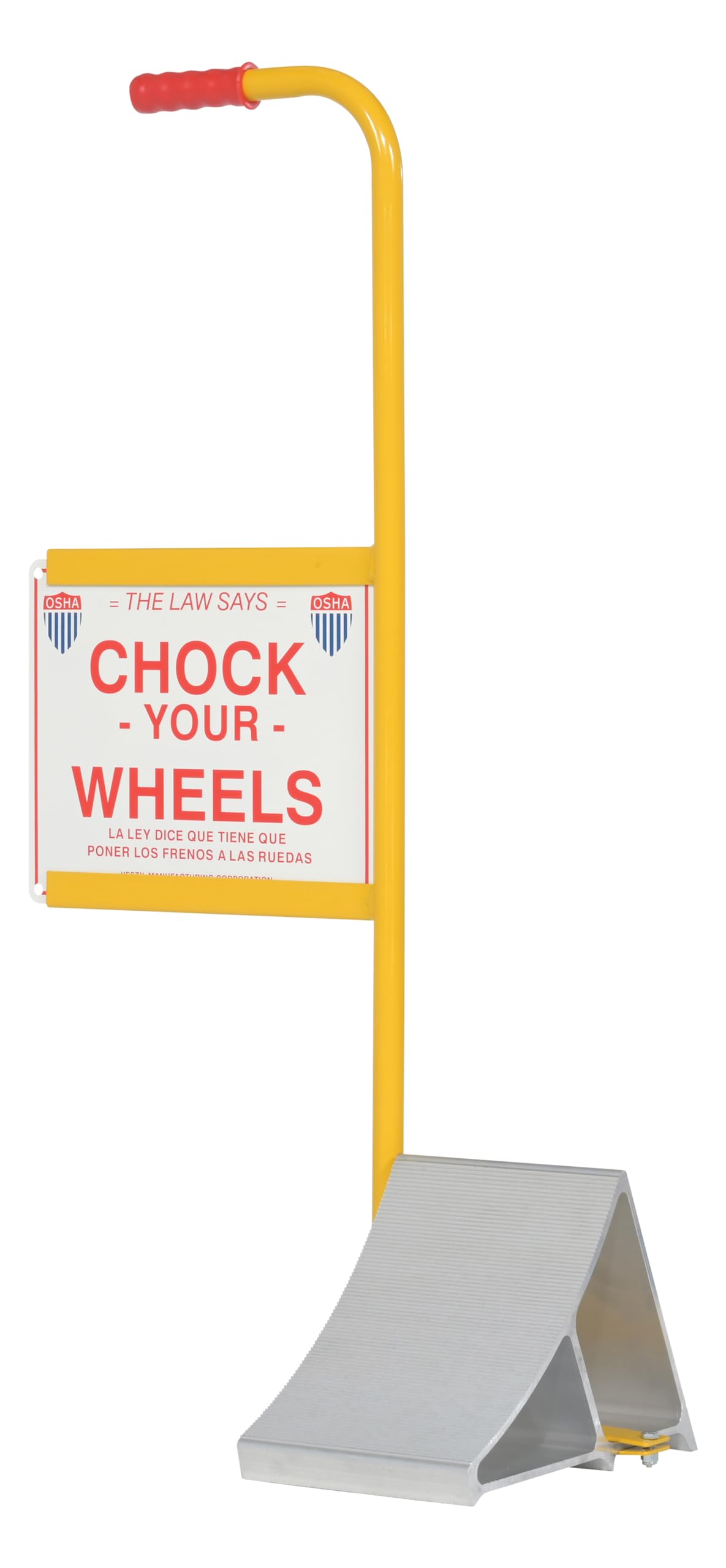 Vestil EALUM-7-HS Aluminum Wheel Chock with Handle and Sign 11-7/8 In. x 21-3/16 In. x 37-9/16 In. Silver/Yellow