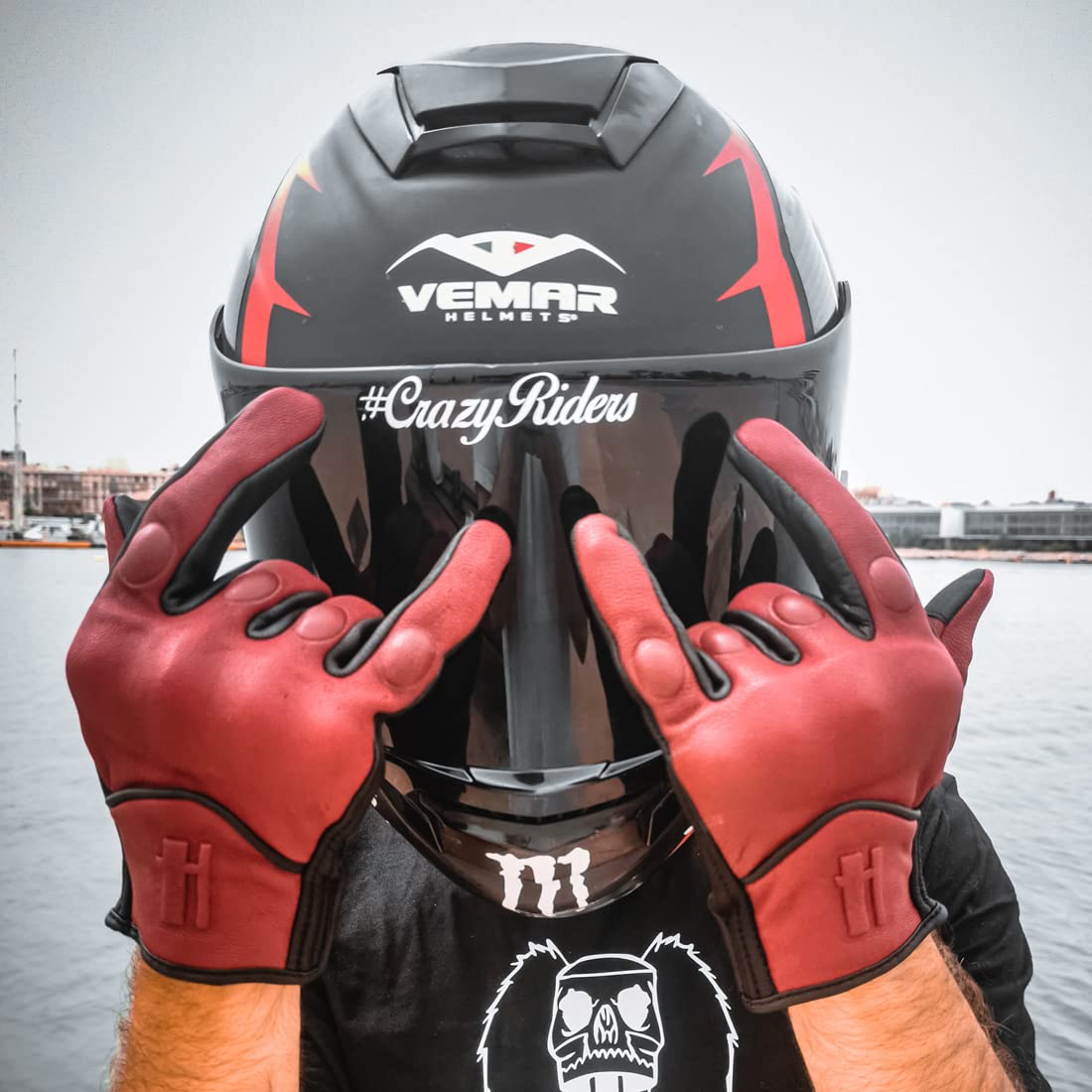 Harssidanzar Motorcycle Gloves For Men,Leather Touch Screen Riding Driving Gloves Gm028Us,Oxblood/Black,Size, L