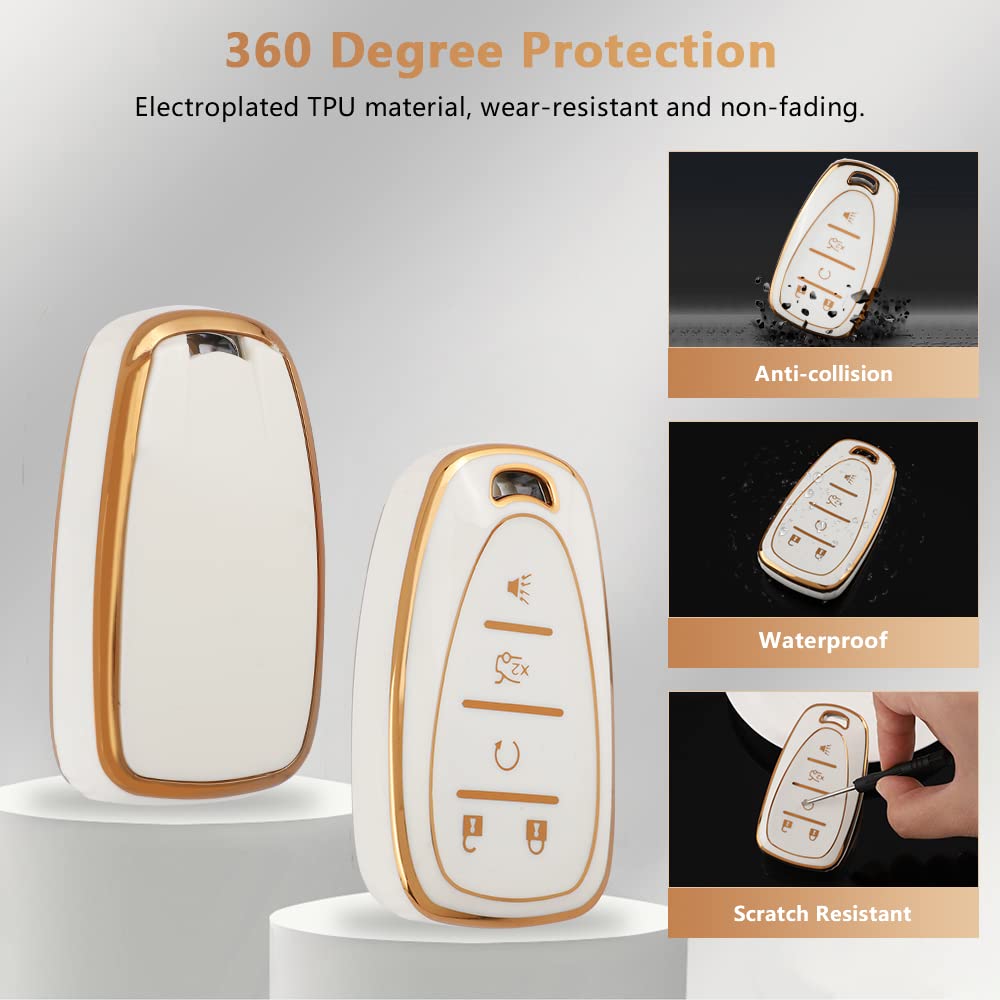 Pifoog Tpu Key Fob Cover For Chevy Equinox Camaro Traverse 5 Buttons Car Key Covers With Keychain Soft Key Shell Case Compatible Malibu Blazer Trailblazer Spark Gold White