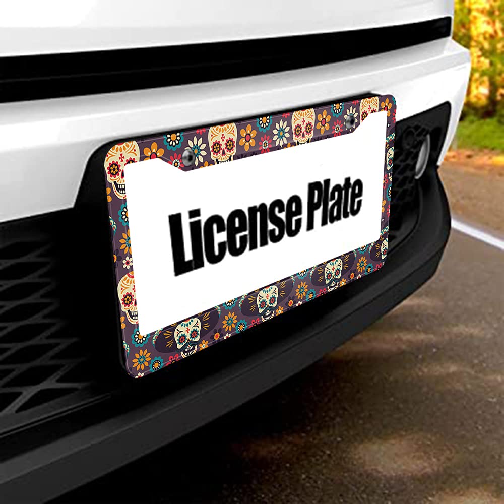 Beabes Sugar Skull And Flowers License Plate Frame Dead Skull Novelty License Plate Frame Gothic Pattern License Plate Car Tag H
