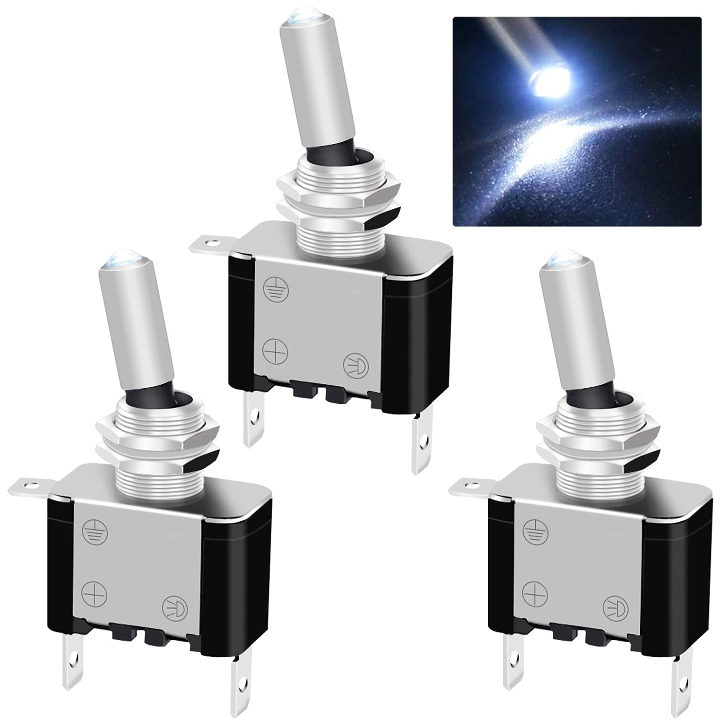 Twidec/3Pcs Rocker Lighted Toggle Switch 12V 20A Heavy Duty Racing Car Automotive Auto Spst On/Off Toggle Switch White Led Illuminated 3Pin Asw-07Dw