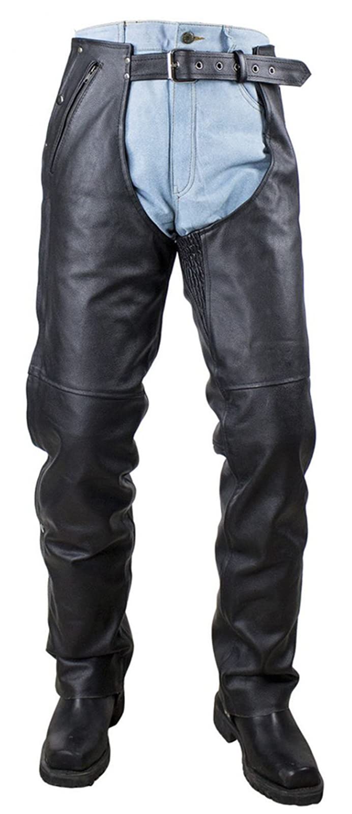 Dream Apparel Black Leather Motorcycle Riding Chaps for Men and Women W/Liner and Four Deep Pockets, Cowboy Biker Chaps Pants (S
