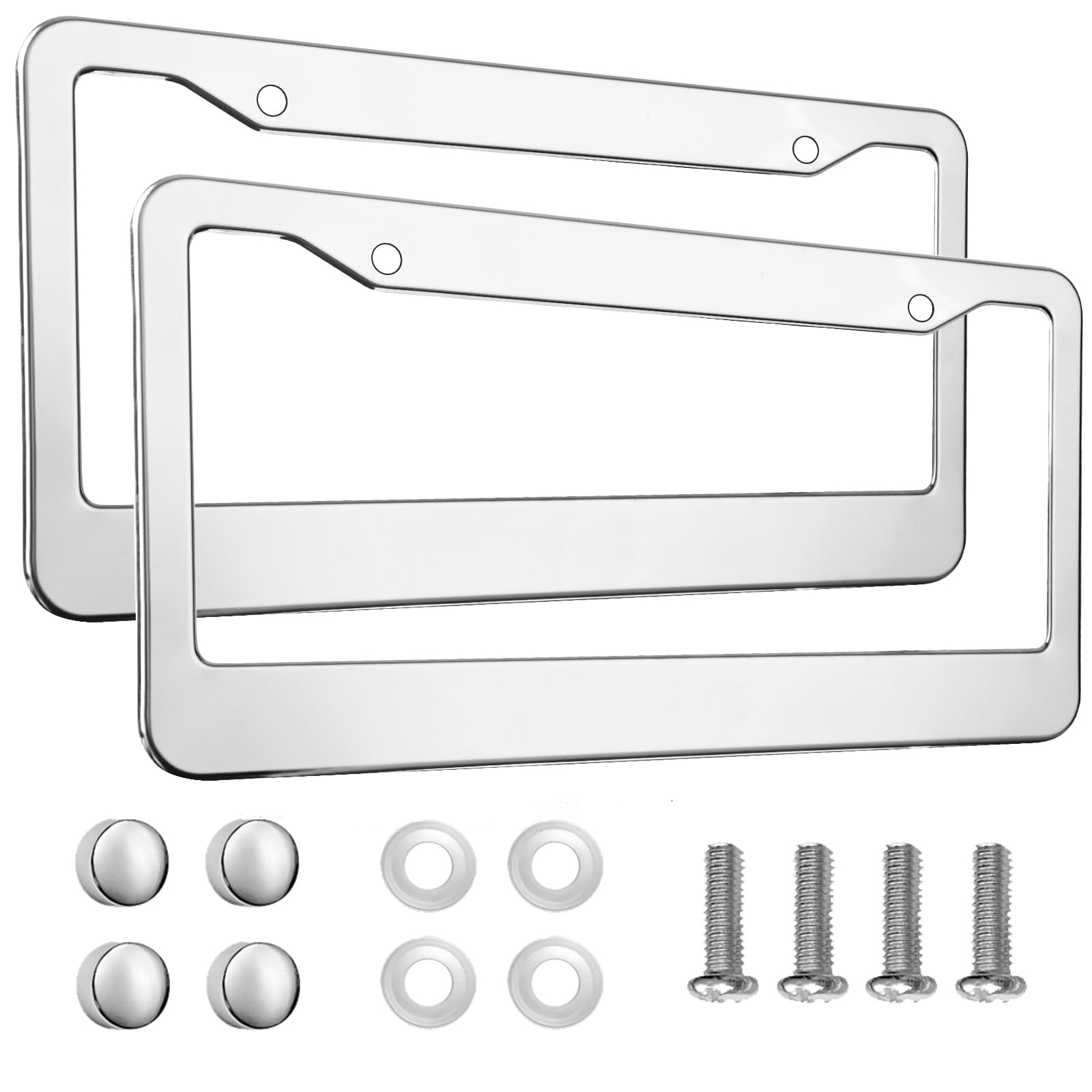 2Pcs Chrome License Plate Frame, 2 Holes Silver Stainless Steel License Plate Frames, Universal Car License Plate Holder For Man