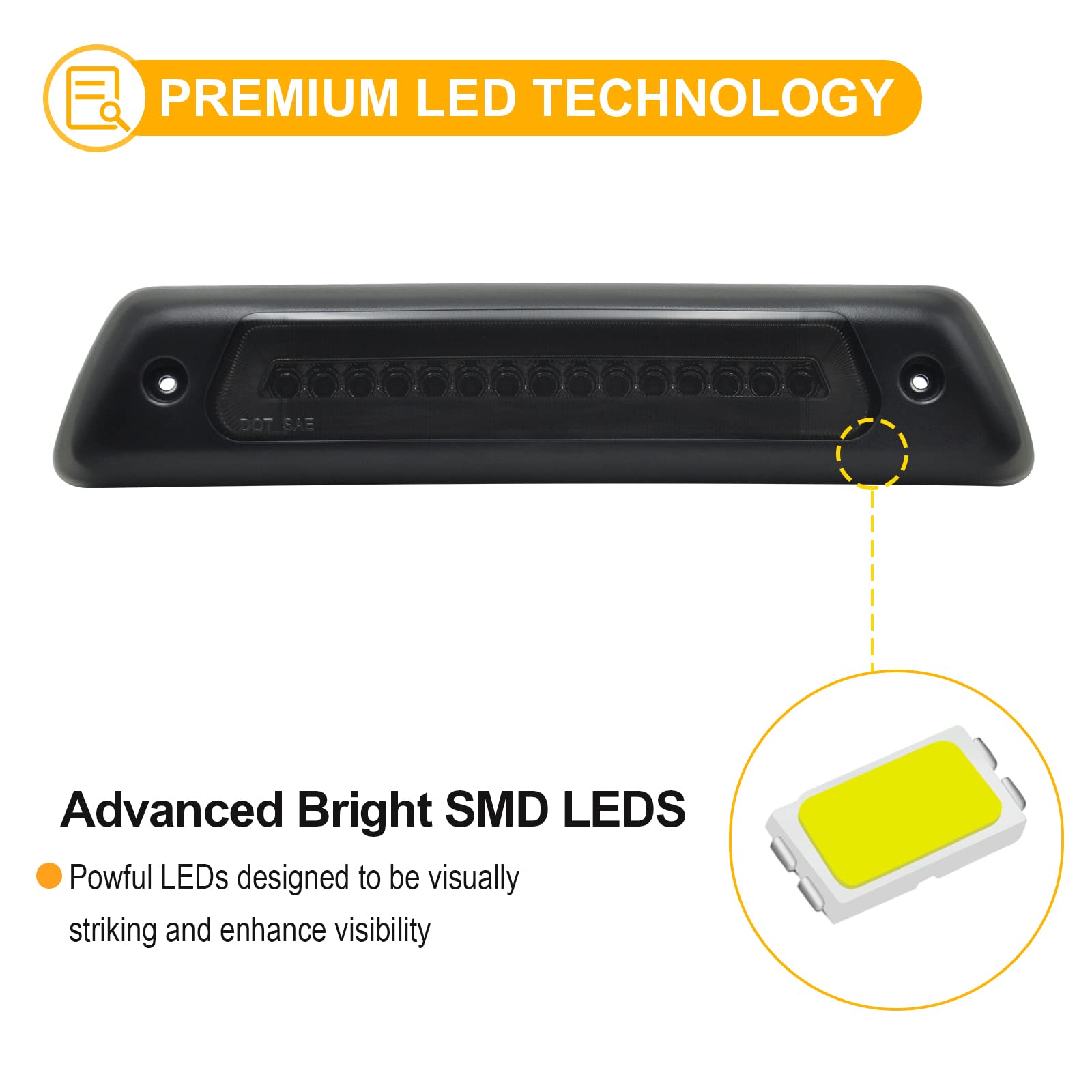 R&F Auto Led Smoked Lens Third Brake Light Replacement For F150 (2009-2014) Roof Cargo Lights High Mount Stop Lamp With Seal Foam Gaskets
