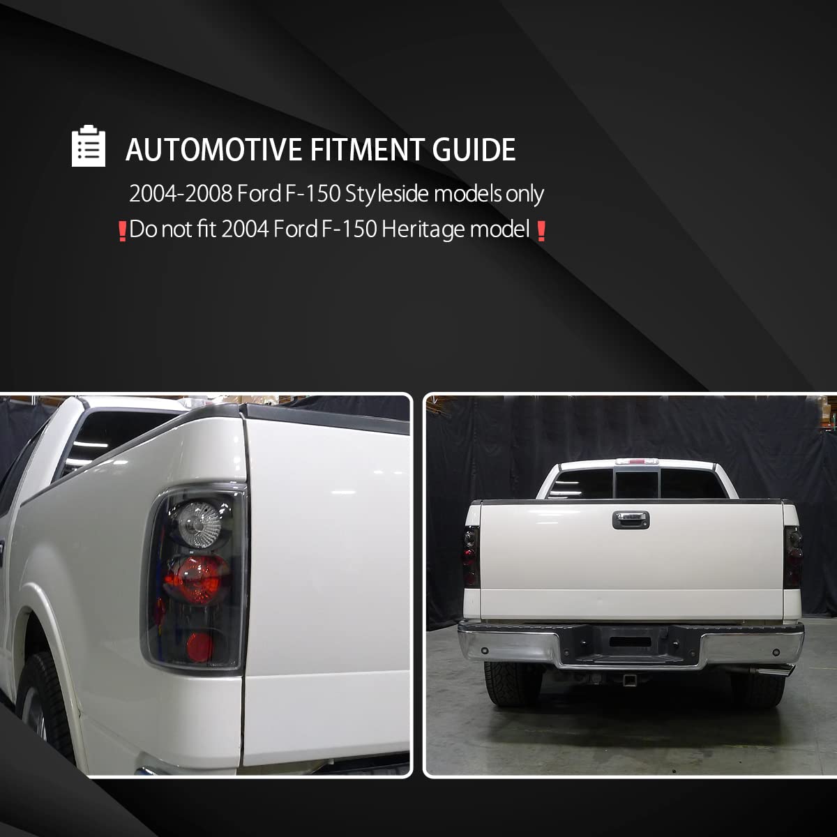 Autozensation Compatible with Ford F150 Styleside 2004-2008, Smoke Lens Tail Lights, L+R Pair Taillight Assembly