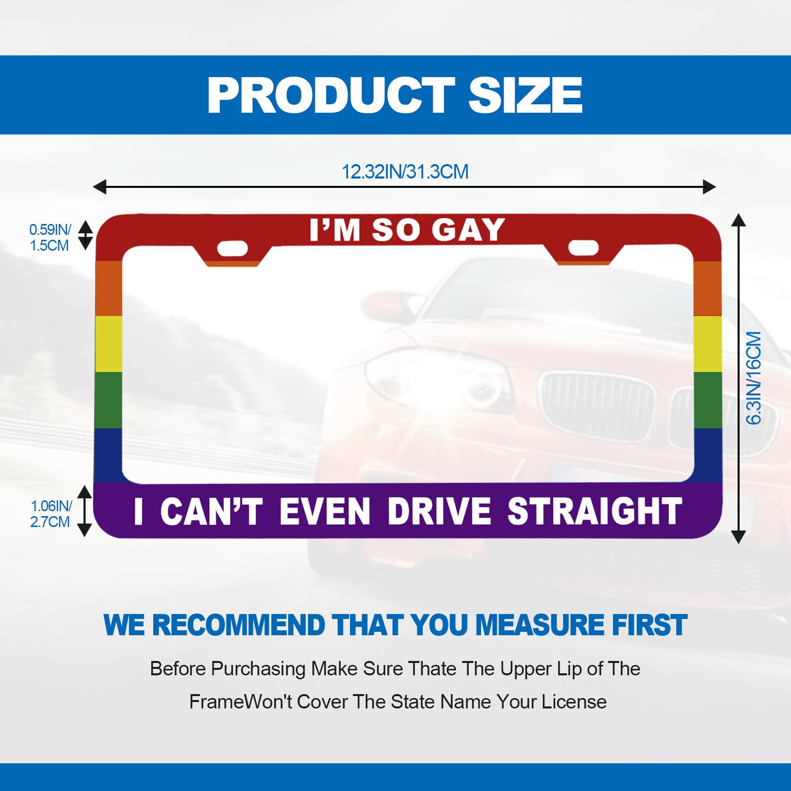 Funny License Plate Frame Metal Aluminum Humor Text Gay Pride Rainbow Flag - I'm So Gay,I Can't Even Drive Straight,Funny Car Co