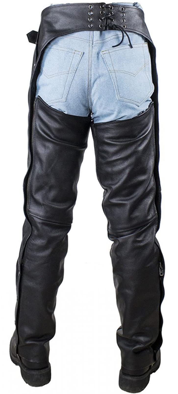 Dream Apparel Black Leather Motorcycle Riding Chaps for Men and Women W/Liner and Four Deep Pockets, Cowboy Biker Chaps Pants (S