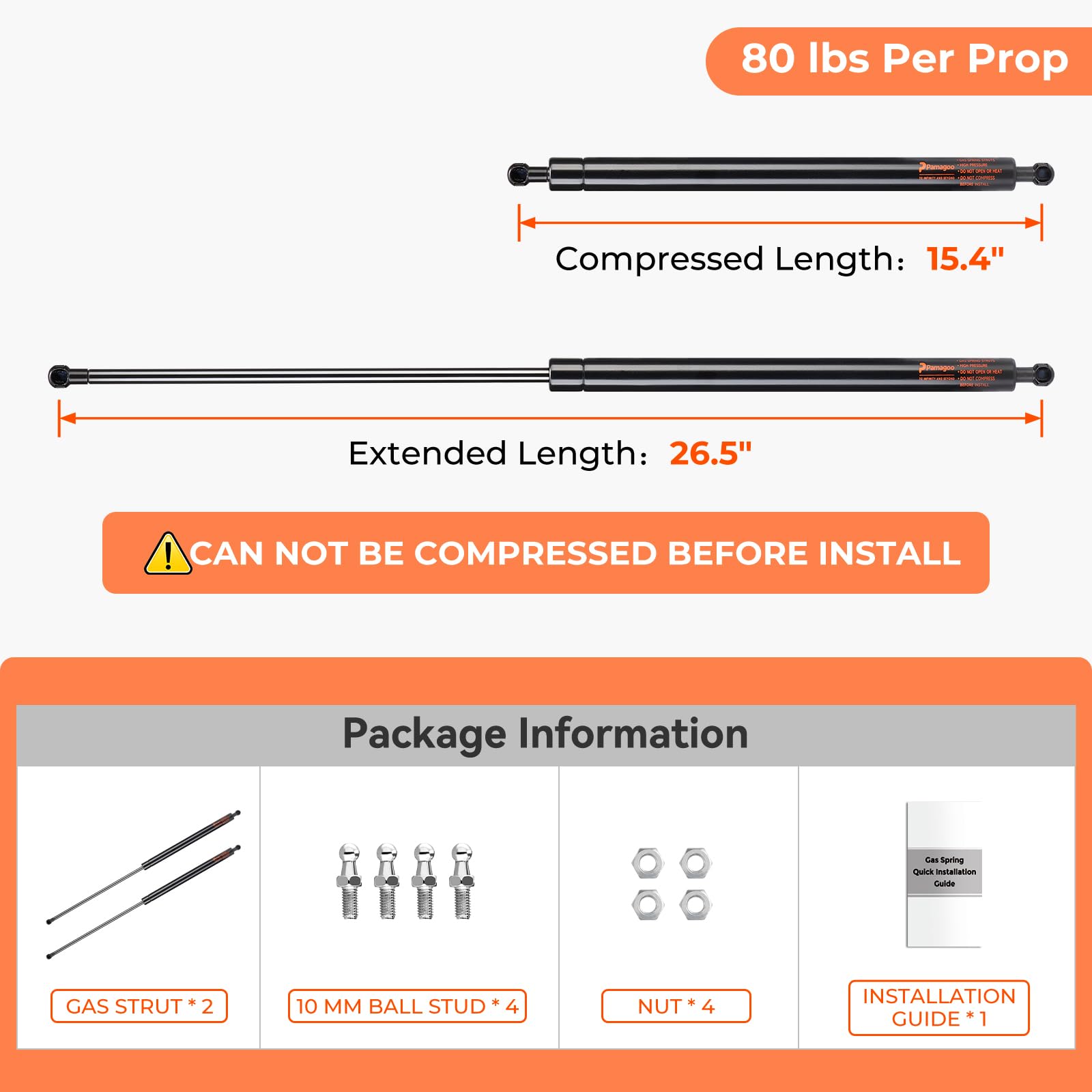 713119 26 Inch 80 Lbs Gas Struts, 26'' Gas Spring Prop For Tonneau Cover Pick-Up Bed Cover Trailer Hatch Door Boat Engine Cover