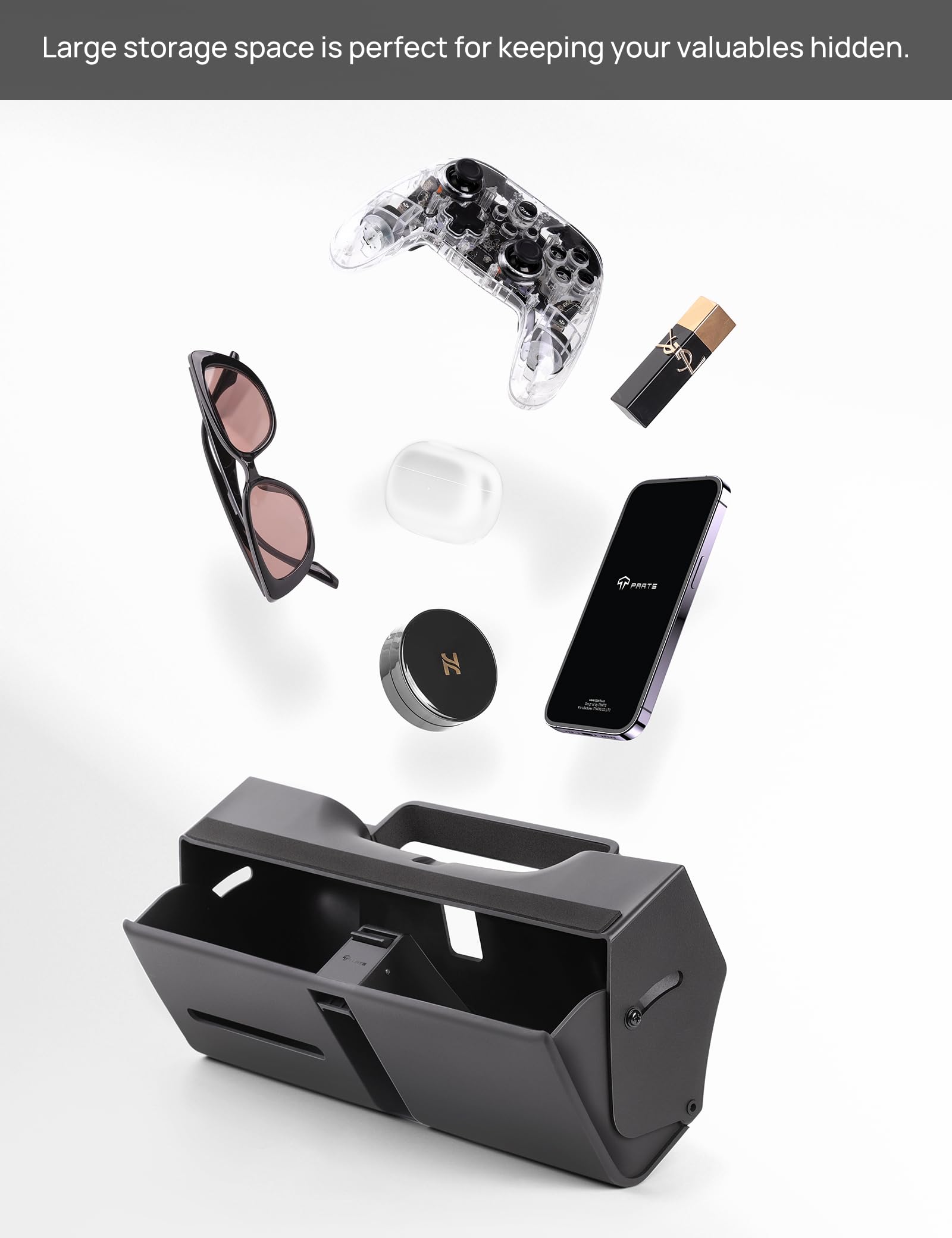 TPARTS Hidden Magnetic (Under Screen) Storage Box for Model 3/Y with Open-Close Design Tesla Center Console Organizer Dashboard