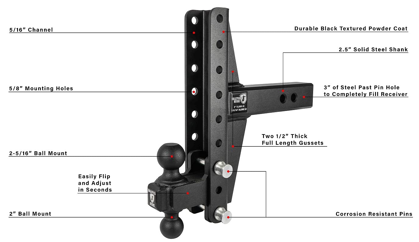 Bulletproof Hitches 2.5'' Adjustable Extreme Duty (36,000Lb Rating) Offset 4'' & 6'' Drop/Rise Trailer Hitch With 2'' And 2 5/16