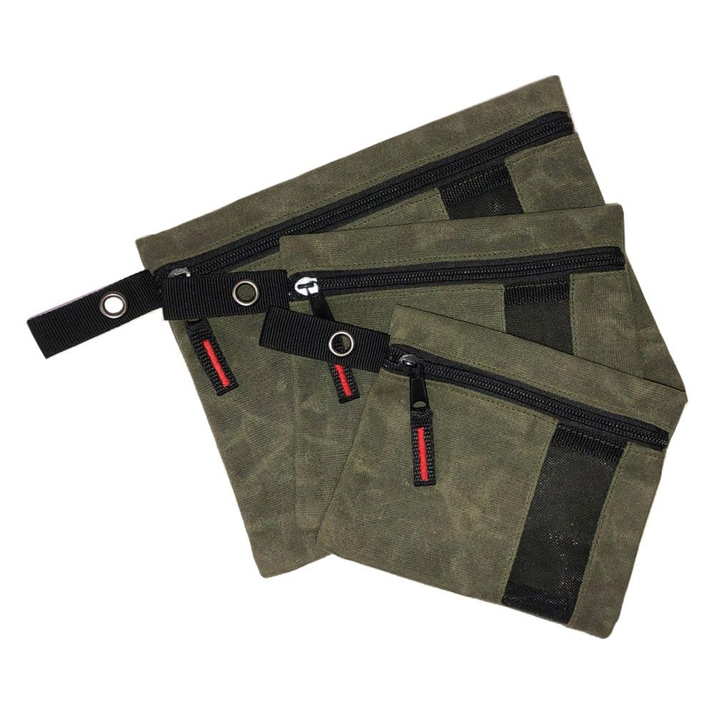 Overland Vehicle Systems Small Size 3-Bag Set Of Storage Bags With Mesh Windows- #12 Waxed Canvas - Infused With Paraffin Wax Waterproofing - Universal For, Tools, Automotive, And More!