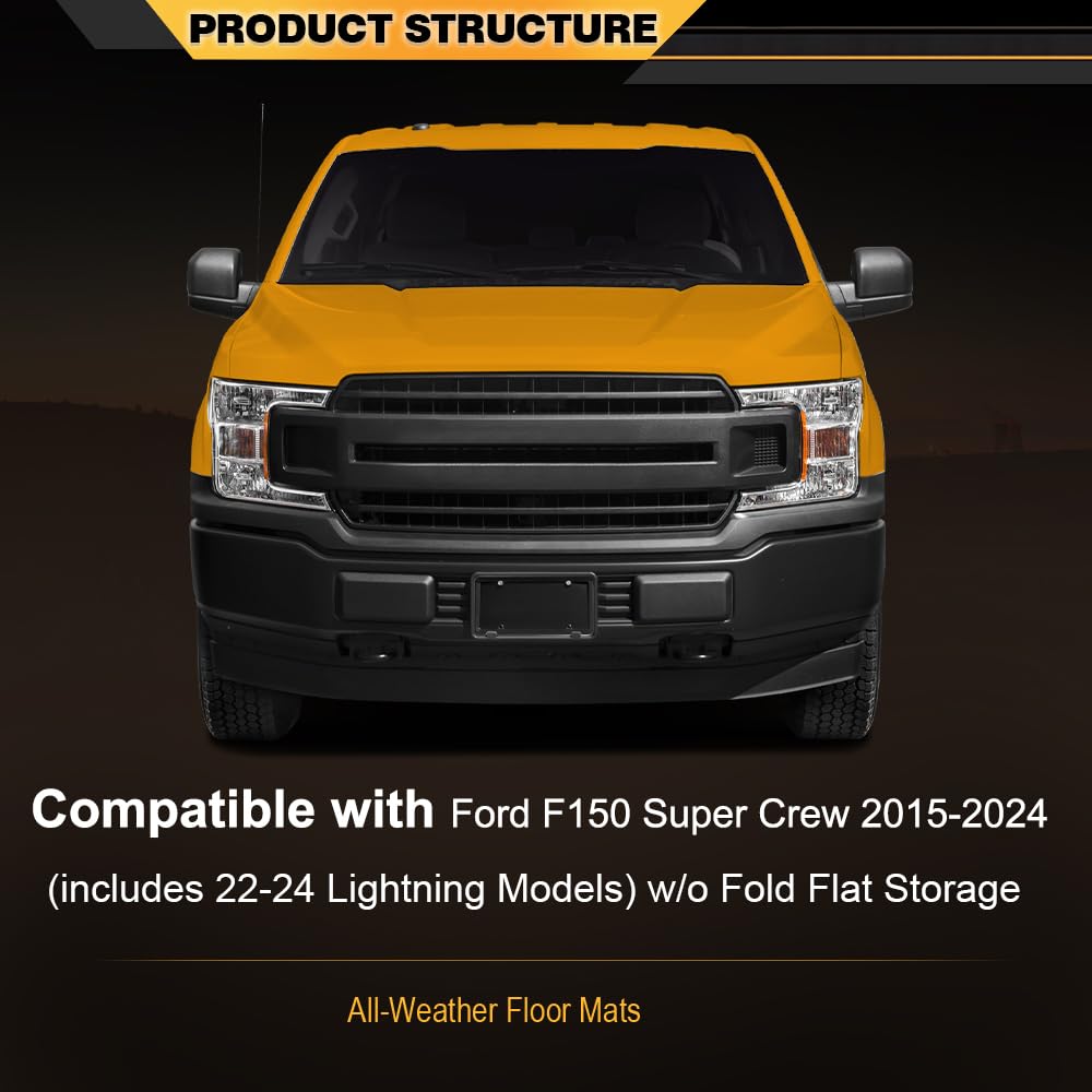 G-PLUS 2PCS Floor Mats Compatible with Ford F150 Super Crew 2015-2025(Fit 22-24 Lightning Models) Front Row Cargo Liner Black Fl