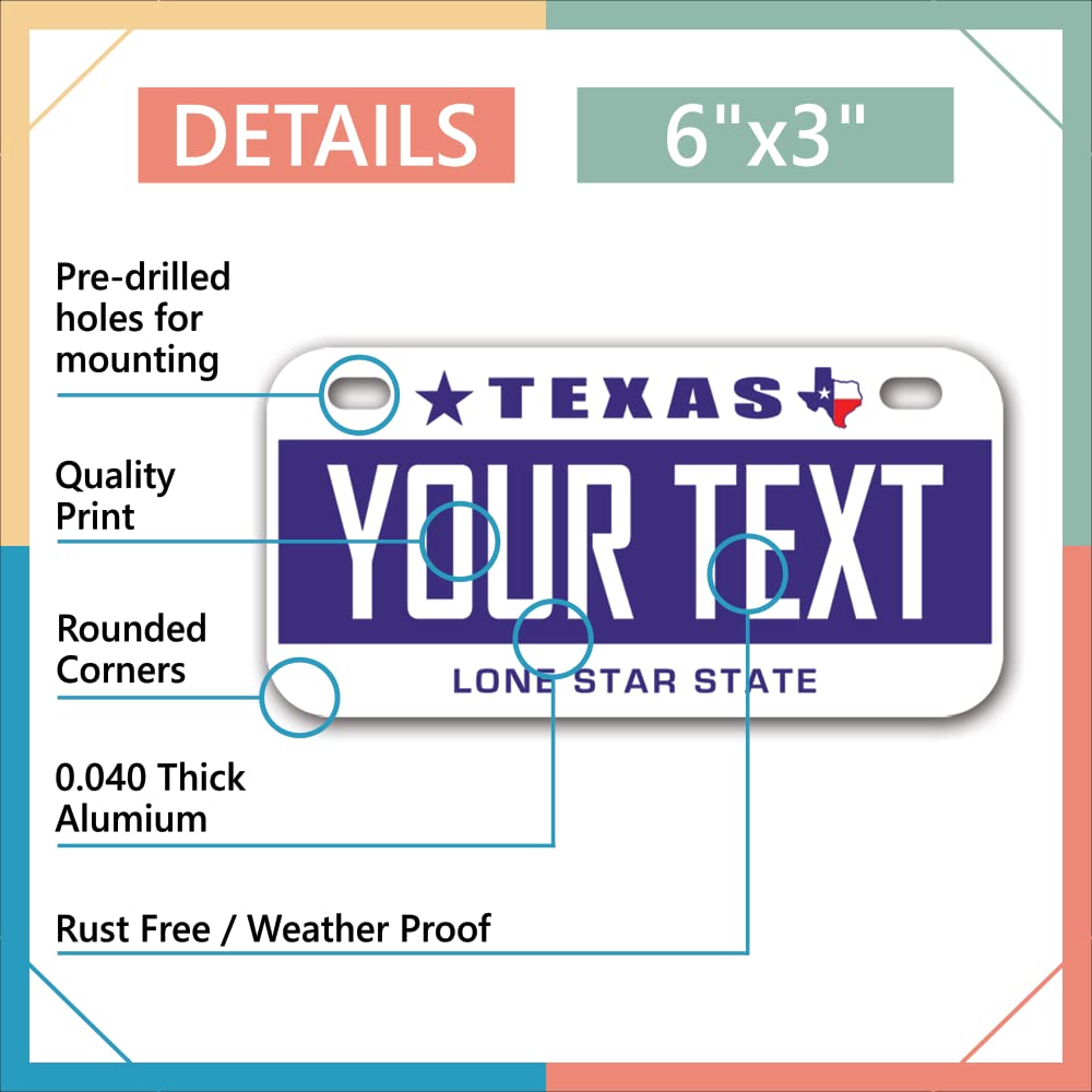 Inkmyplate Personalized Texas Purple Small License Plate | Bike 6X3 Inch | Select From All 50 States | 3 Sizes | Custom License Plates For Kids Bicycles | Power Wheels | Usa Thick .040 Aluminum