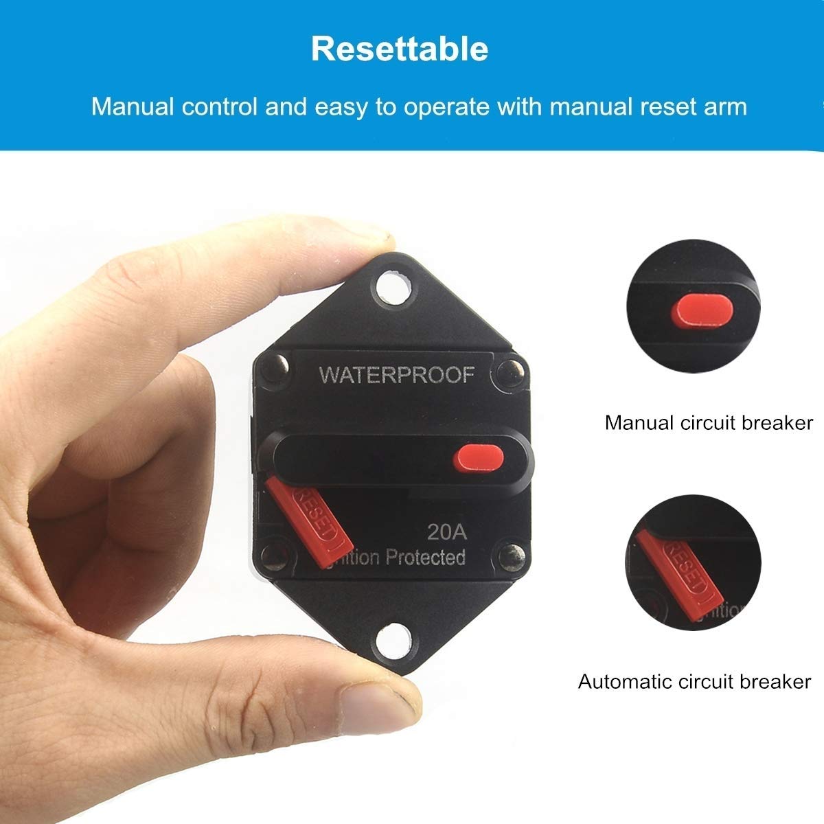 Wohhom Hi-Amp 20Amp Circuit Breaker 12V-32V Dc Waterproof, 10-300A Fuse Inverter With Manual Reset Button For Auto Truck Rv Marine, Panel Mount (20A)