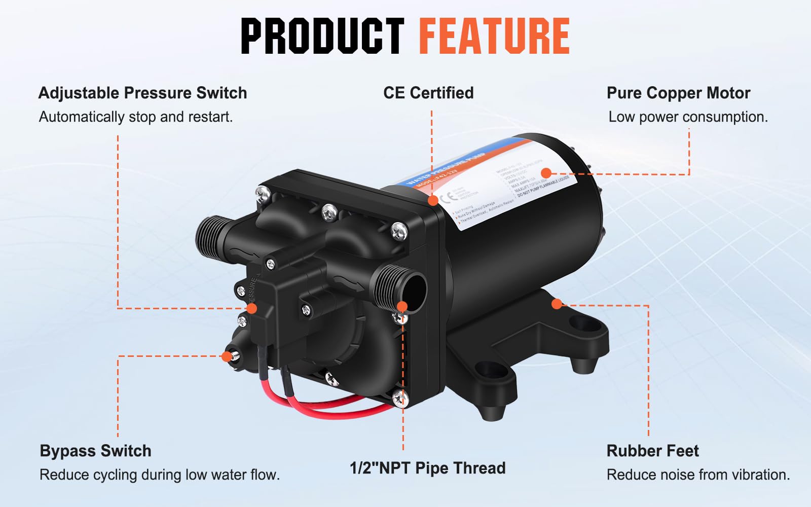 Youngtree Rv Fresh Water Pressure Pump 12V 5.5Gpm 70Psi, On Demand Self Priming Water Pump 12Volt Include 3/4'' Garden Hose Adap