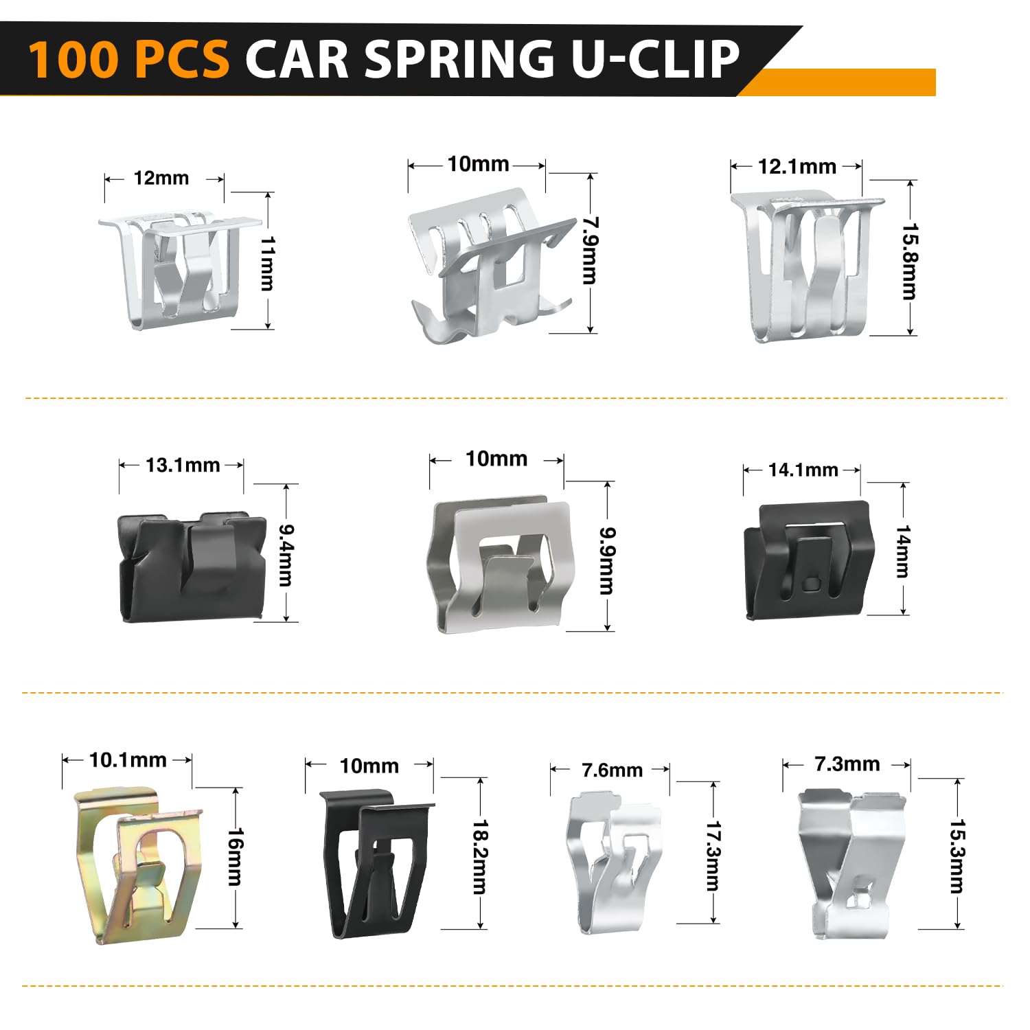 Gooacc 100Pcs 10 Sizes Metal Trim Clip Spring Moulding Clip Universal Auto Body Fastener Clip Compatible With Gti, Jetta, Passat