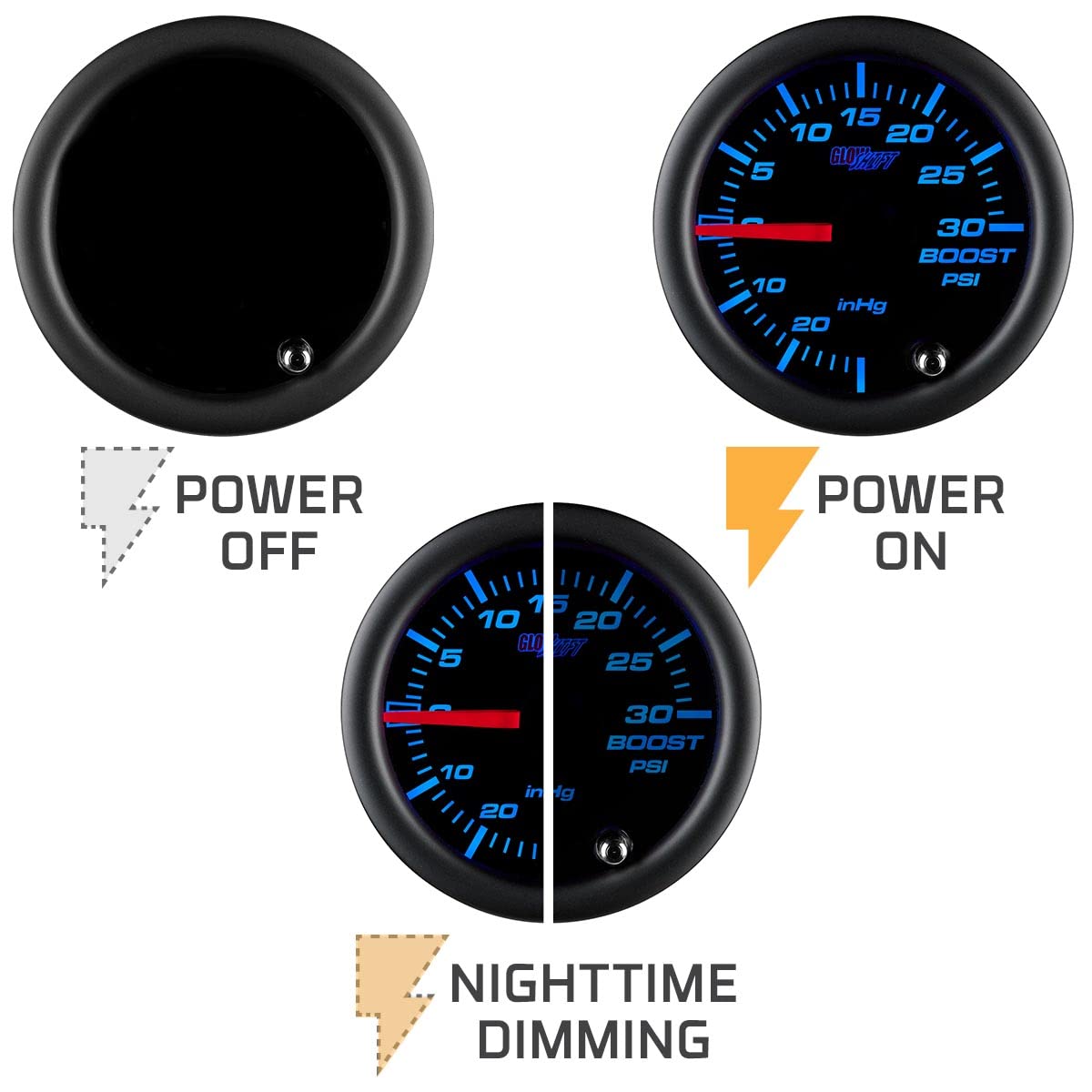 Glowshift Tinted 7 Color 30 Psi Turbo Boost/Vacuum Gauge Kit - Includes Mechanical Hose & T-Fitting - Black Dial - Smoked Lens -