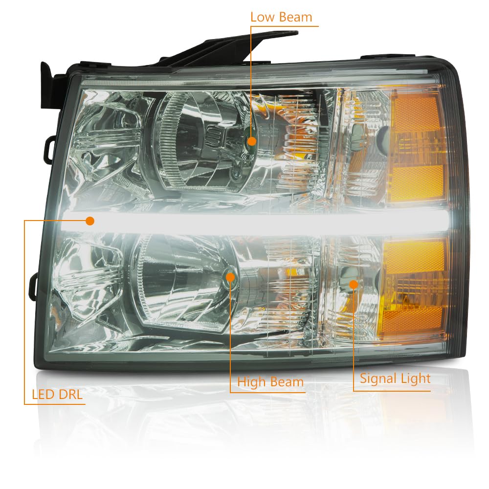 Cheda Led Drl Strip Headlights Compatible With 2007-2013 Chevy Silverado 1500 2500 3500 & Hd (Smoky Lens Chrome Housing Amber Re