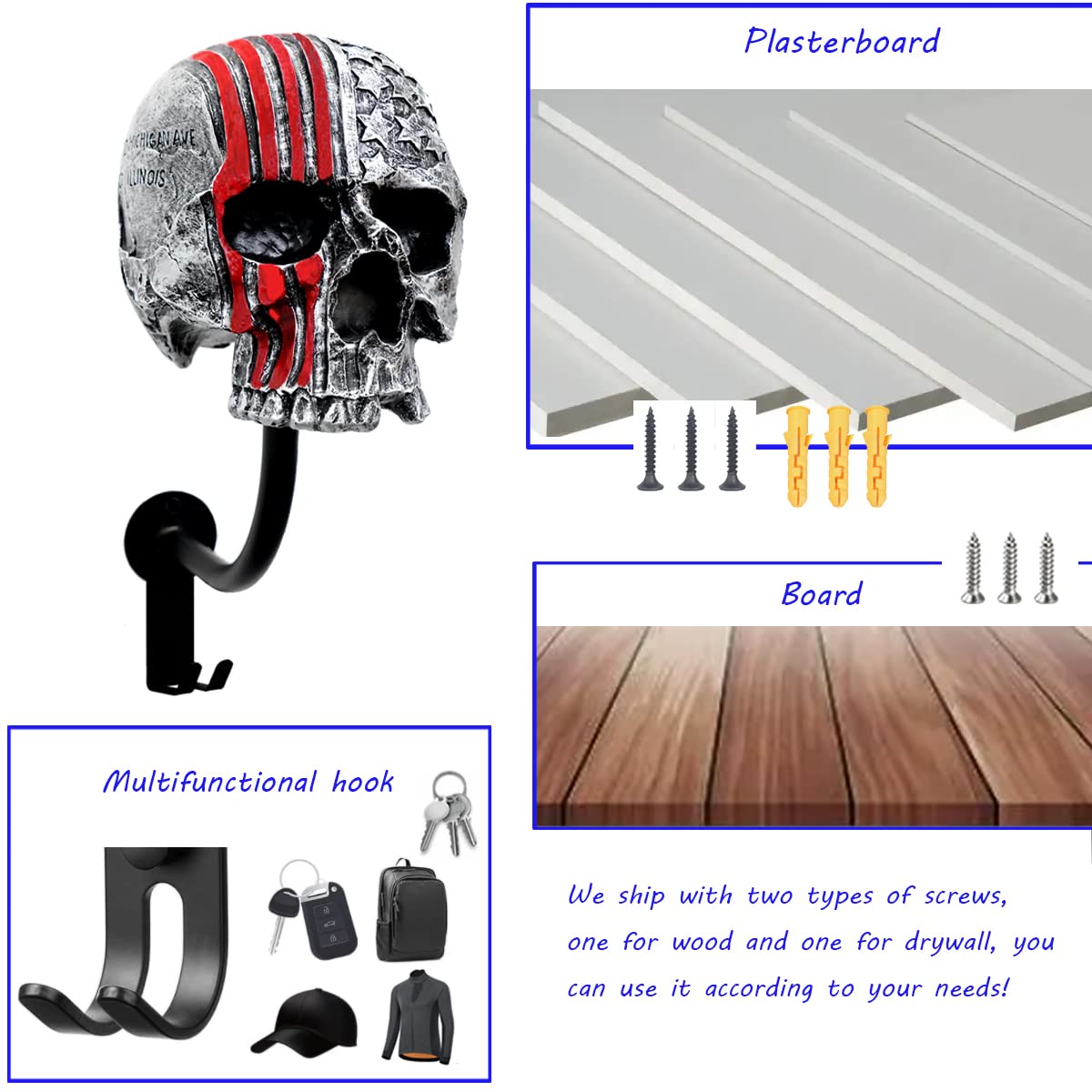 Skull Helmet Holder Motorcycle Helmet Rack, Red Helmet Holder Wall Mount With 2 Hooks Helmet Hanger For Coats, Caps, Baseballs A