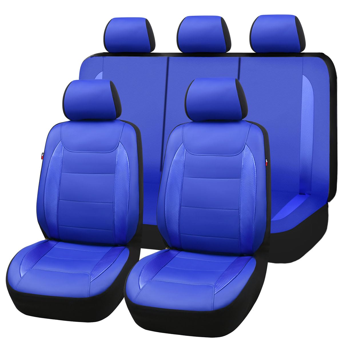 Flying Banner Car Seat Covers Protects Water Proof Faux Leather Carbon Fiber Fronts Rear Bench Covers (Blue Blue, Full Set - 8Pc