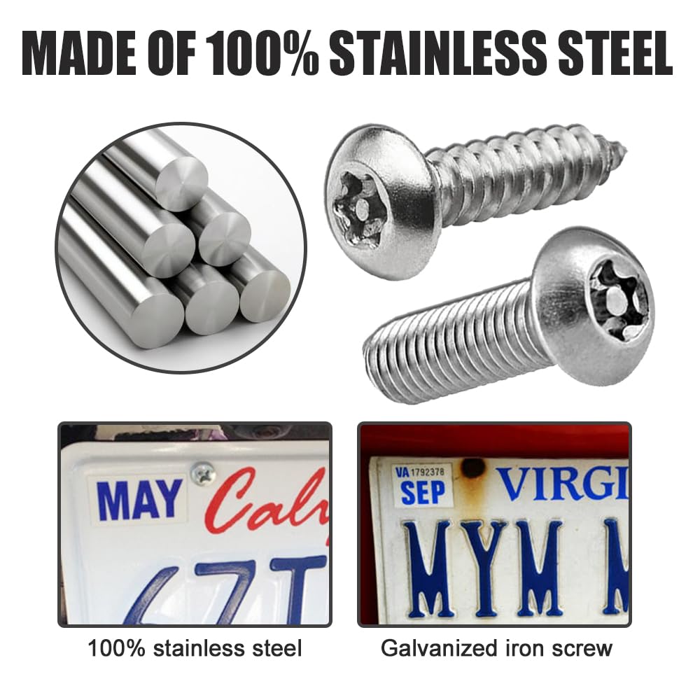WINUERK Anti Theft License Plate Screws, Tamper Resistant Licence Plate Kit, 1/4''(M6) Security Screws, Rust Proof Stainless Ste