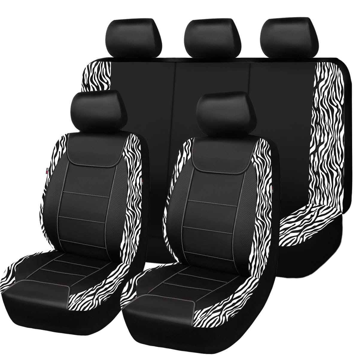 Flying Banner Car Seat Covers Protects Zebra Printing Velvet Faux Leather Carbon Fiber Front And Rear Bench Full Set (Zebra Blac