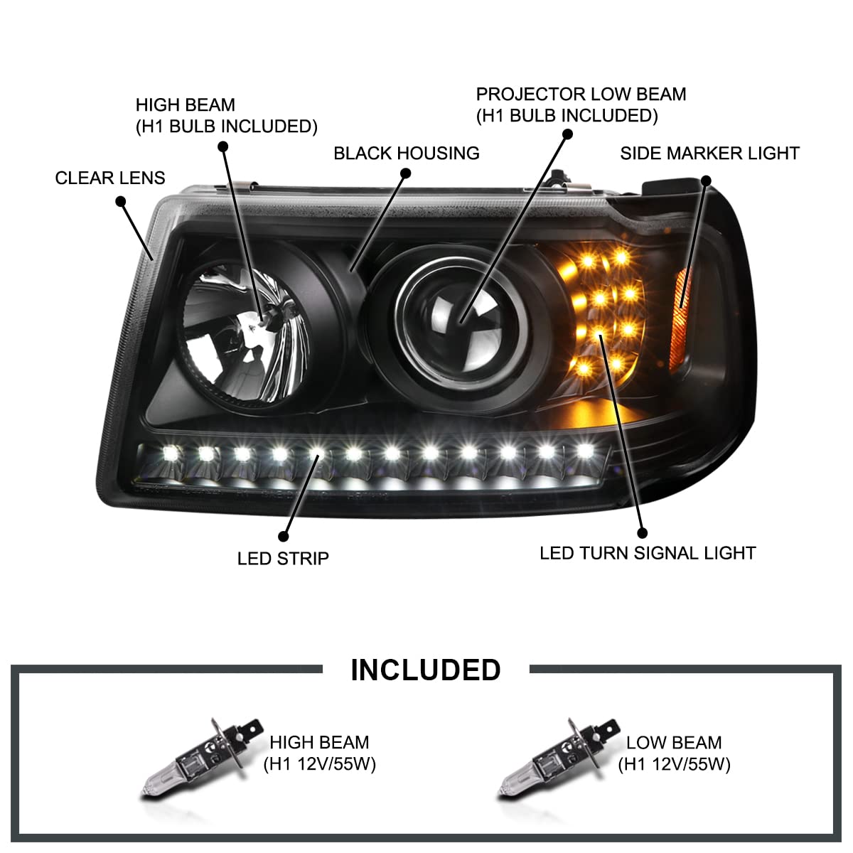Spec-D Tuning Led Light Bar Black Housing Clear Lens Projector Headlights W/Led Signal Compatible With 2001-2011 Ford Ranger Lef