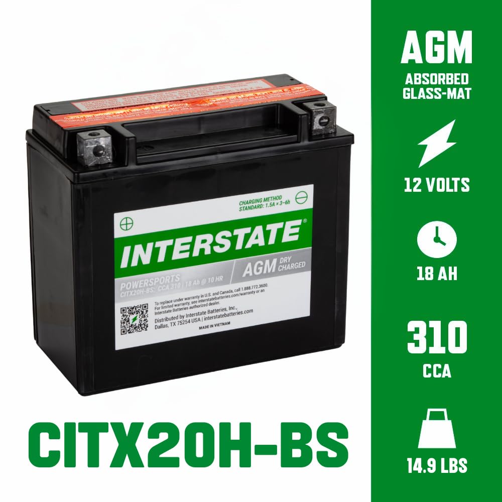 Interstate Batteries Ytx20H-Bs 12V 18Ah Powersports Battery 310Cca High-Performance Agm Rechargeable Replacement For Arctic Cat,