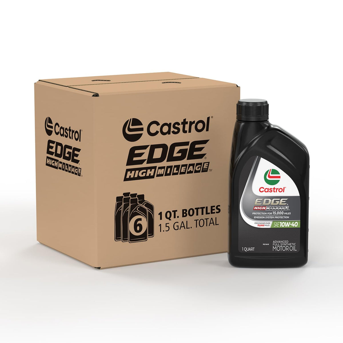 Castrol Edge High Mileage 10W-40 Advanced Full Synthetic Motor Oil, 1 Quart, Pack Of 6