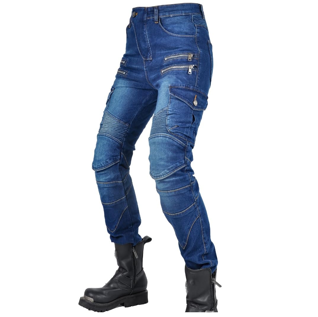 WILLIAMHUA Women Moto Jeans Motorcycle Pants Motorbike Biker Trousers with Protector (US, Waist Inseam, 26, 30, Blue-Zip)