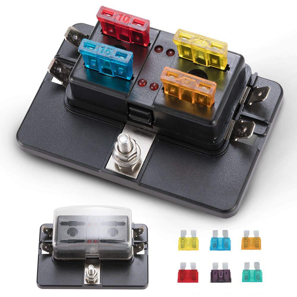 BUNKER INDUST 4-Way Blade Fuse Box with LED Indicator for Blown Fuse,Fuse Block Holder Box with Protection Cover for Car Boat Ma