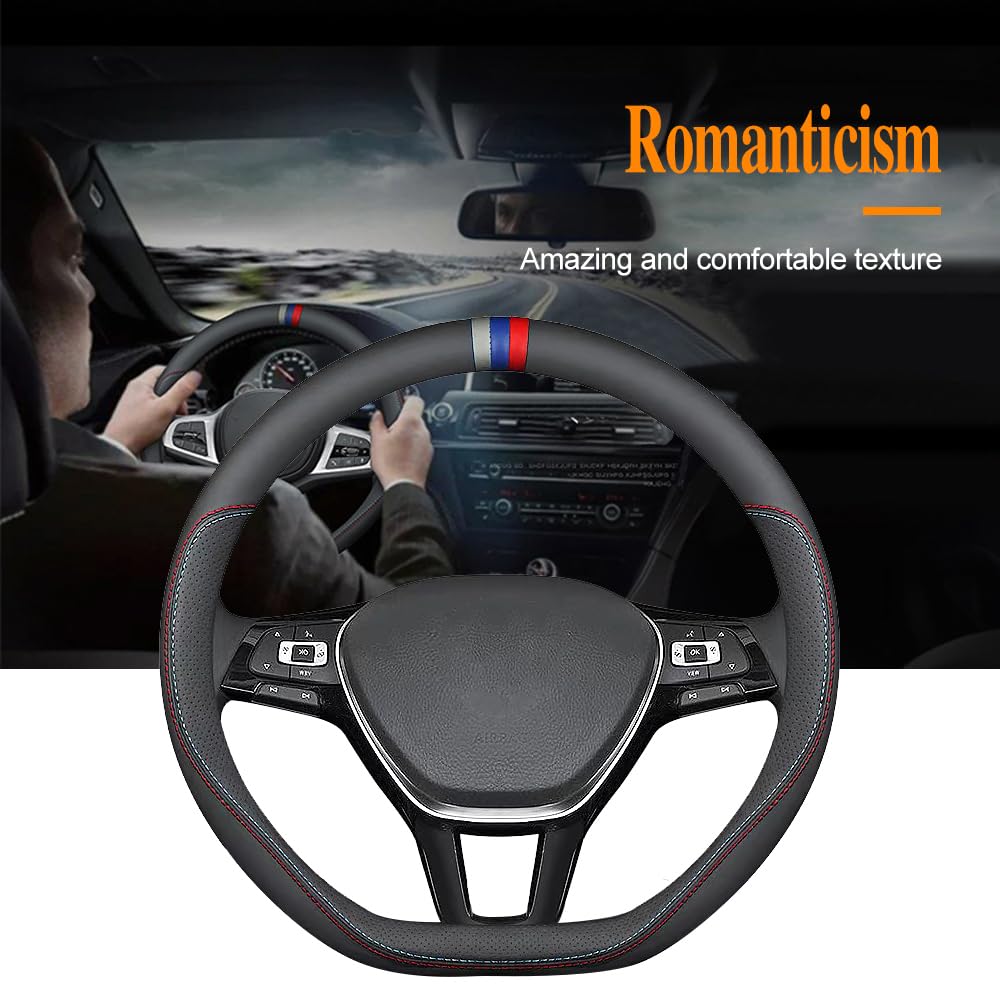 Carodi Latest Nappa Leather Car Steering Wheel Cover, Stylish Non-Slip Leather Car Interior 15 Inches Universal D-Shape,Black(Red And Blue Signs)