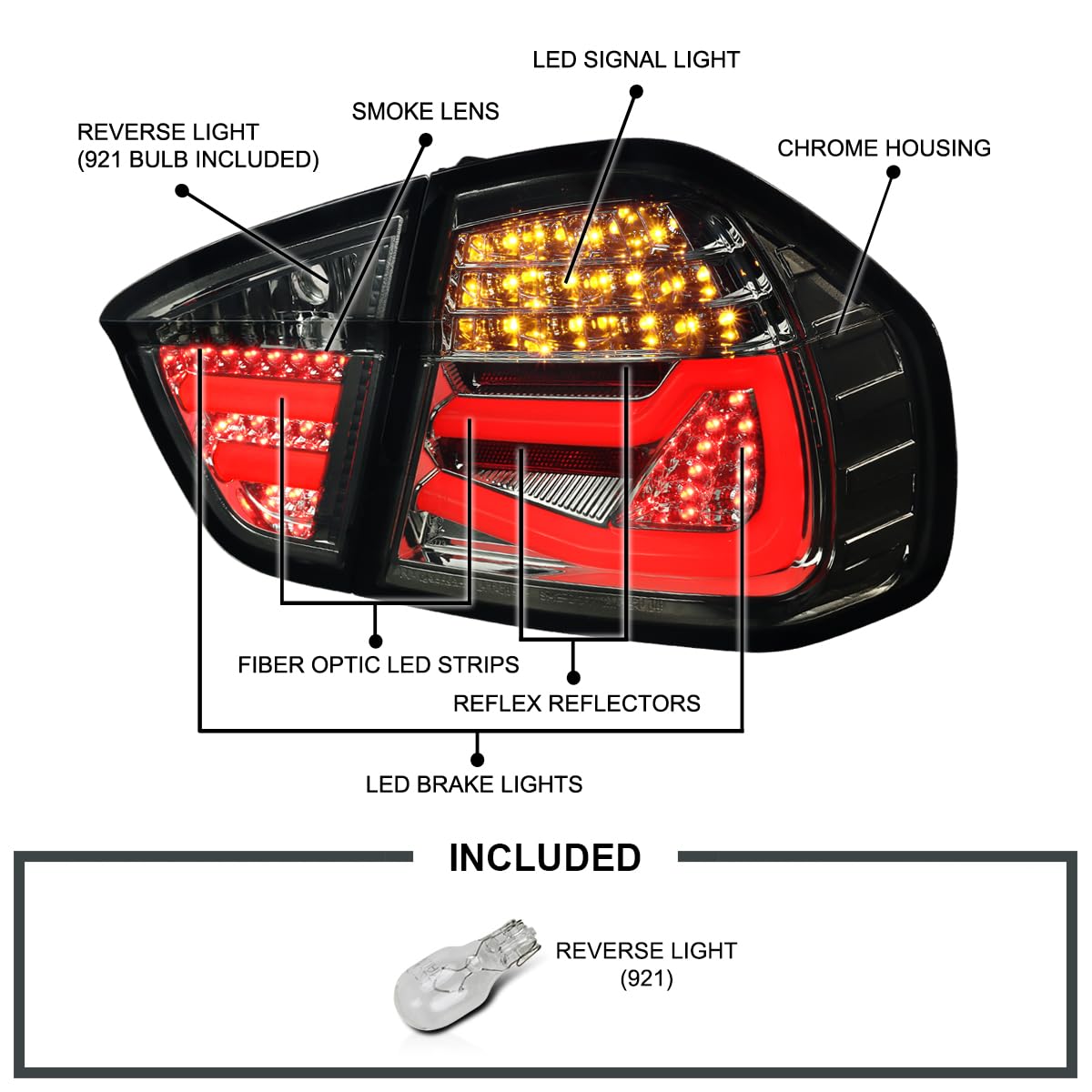 Spec-D Tuning Smoke LED Parking Tail Lights Tinted Rear Brake Lamps Compatible with 2005-2008 BMW E90 3-Series 4-Door Sedan Left