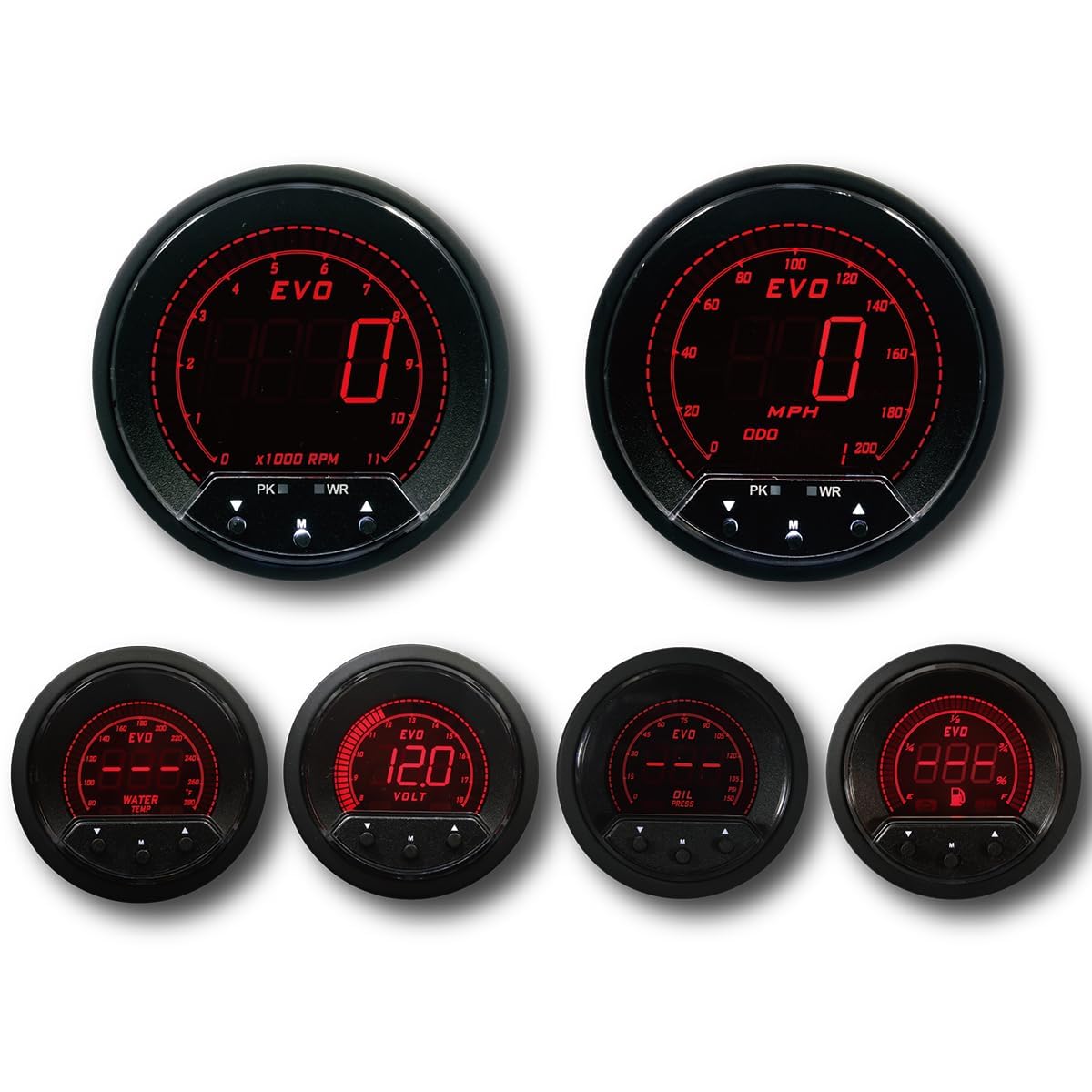 MOTOR METER RACING EVO Digital Gauge Set - 3-3/8" GPS Speedometer & 2-1/16" Gauges - Blue Red White Green LED, Aluminum, Peak
