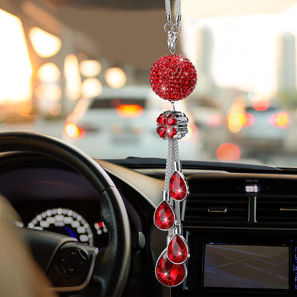 Otostar Bling Crystal Ball And Drops Car Hanging Accessories, Car Rear View Mirror Pendant Charms Interior Sun Catcher Ornament, Bling Car Accessories For Women Girls (Red)