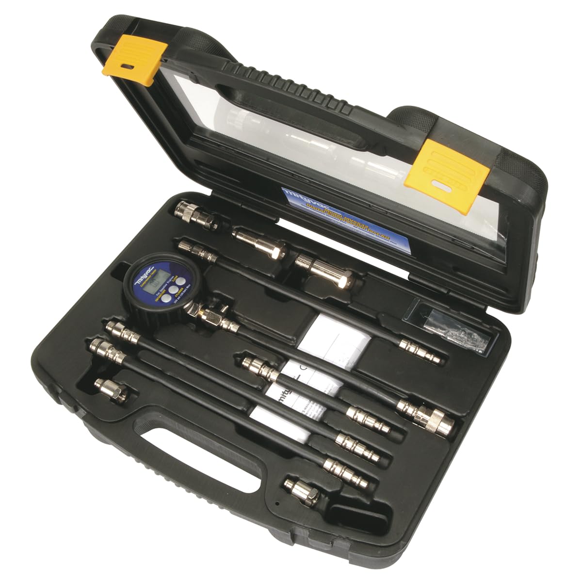 Mityvac MV5532 Digital Gasoline Compression Test Kit, Up to 12 Cylinders, Backlit LC Display, 9V Battery, Oil-Resistant Gauge wi