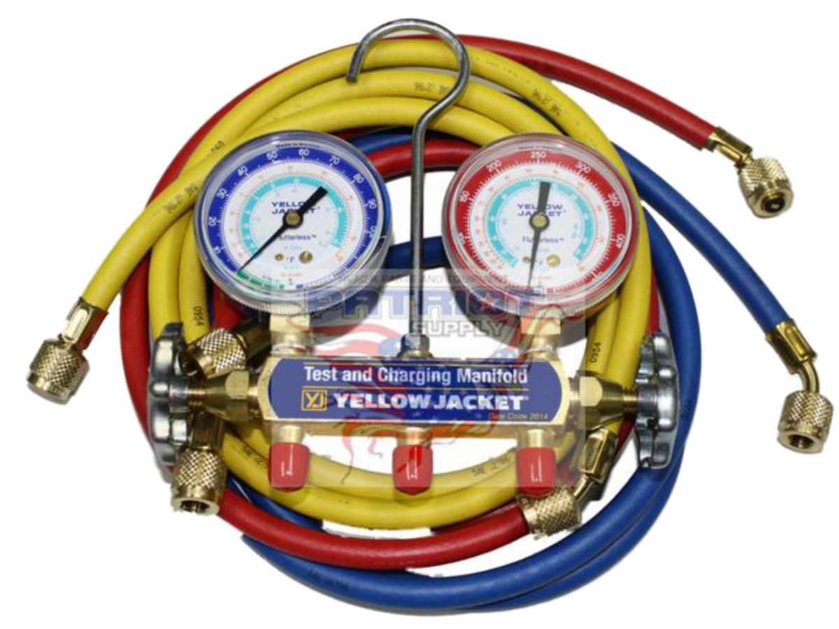 Yellow Jacket 41315 Series 41 Manifolds with 21/2 Gauges, 60, psi, R134A/404A/507, Red/Yellow/Blue