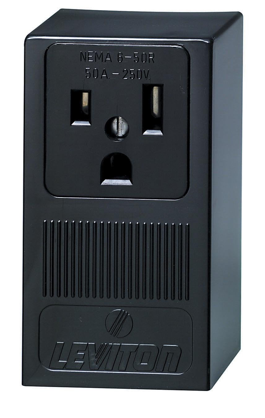 Leviton 5378 50 Amp, 250 Volt, Surface Mounting Receptacle, Straight Blade, Industrial Grade, Grounding, Black