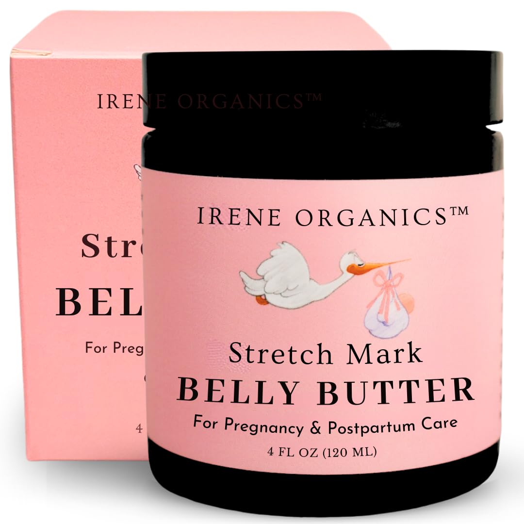 Organic Belly Butter for Pregnancy Stretch Mark Prevention and Treatment by Irene Organics - Award Winning Anti Stretch Mark Tummy Balm For Pregnancy and Postpartum 4oz - Hydrating Bump Cream-New