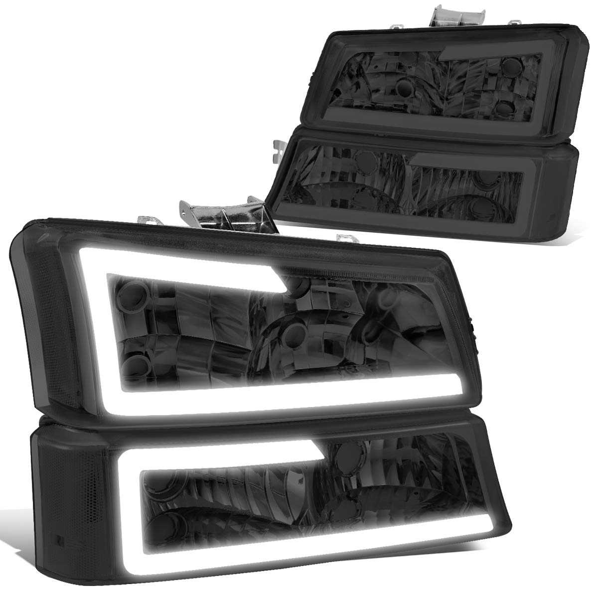 Auto Dynasty 4Pcs Led Drl Bumper Headlight Lamps Compatible With Chevy Silverado Avalanche 1500 2500 3500 03-07, Driver And Passenger Side, Smoked Lens Clear Corner