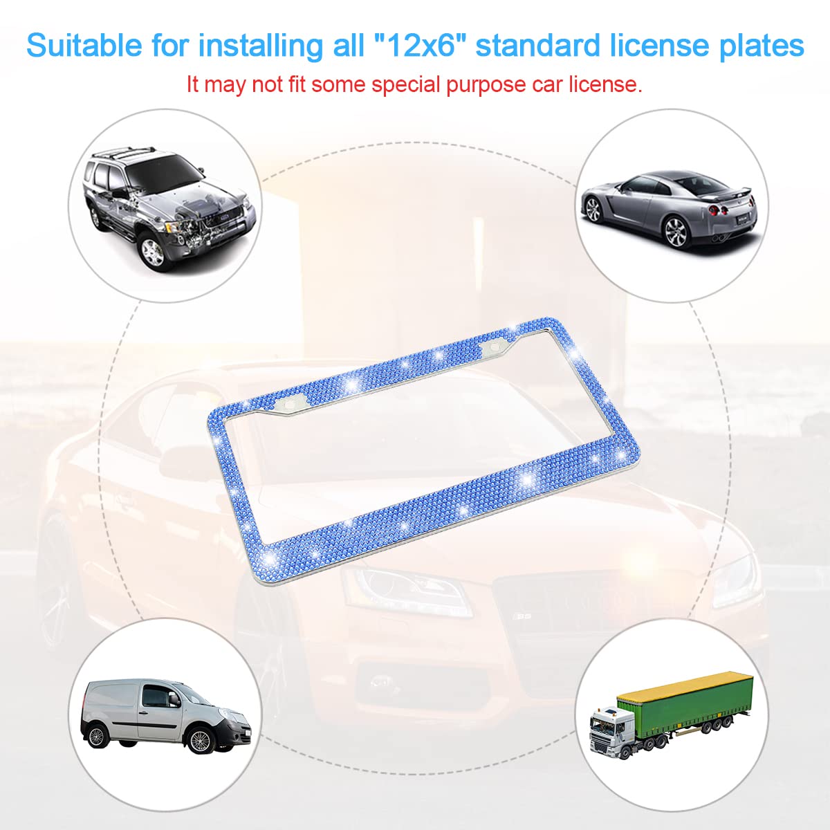 Bling Car License Plate Frame, Sparkly Rhinestone Stainless Steel License Plate Cover/Holder, Universal For Most Cars, Suvs, Veh