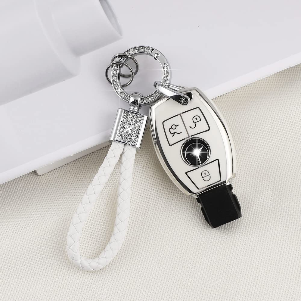 Pifoog For Mercedes Key Fob Cover 3 Buttons Soft Tpu Keys Protector Bling Keychain For Mercedes Benz C E M S Cls Cla Glk Gla Glc Gle Amg Class Girly Cute White Silver