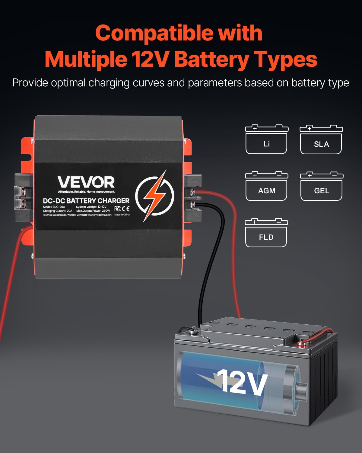 VEVOR 12V 40A DC to DC Battery Charger, 500W, On-Board Battery Charger for Lead-Acid, Lithium, AGM, Gel, and Flooded Batteries,